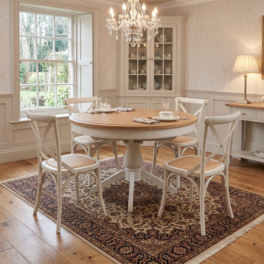 Dining room view for the Hamilton round dining table, highlighting the durable solid oak construction, timeless country-style aesthetic, and sturdy pedestal base.