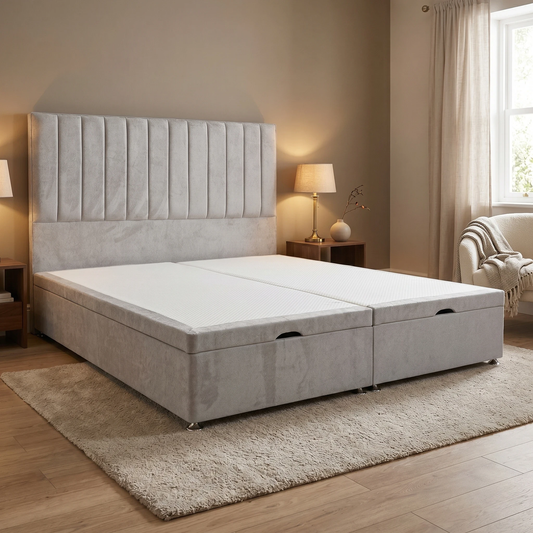 'Pluto' Milan Nickel Velvet Floor Standing Headboard + End Lift Ottoman Divan Base - Super King