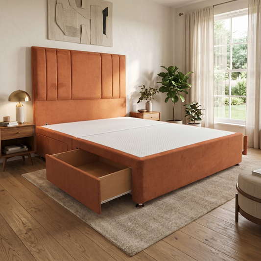 ‘Luna' Milan Marmalade Velvet Floor Standing Headboard + 4 Draw Divan Base - King