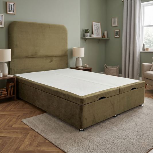 ‘Hamilton’ Milan Khaki Velvet Floor Standing Headboard + End Lift Ottoman Divan Base - Double