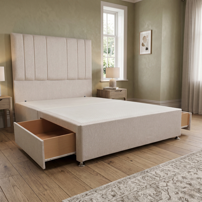 ‘Luna’ Orkney Oat Fabric Floor Standing Headboard + 2 Draw Divan Base - Double