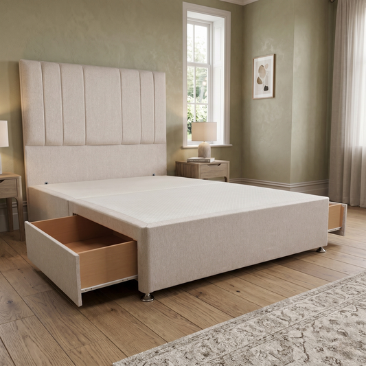 ‘Luna’ Orkney Oat Fabric Floor Standing Headboard + 2 Draw Divan Base - Double