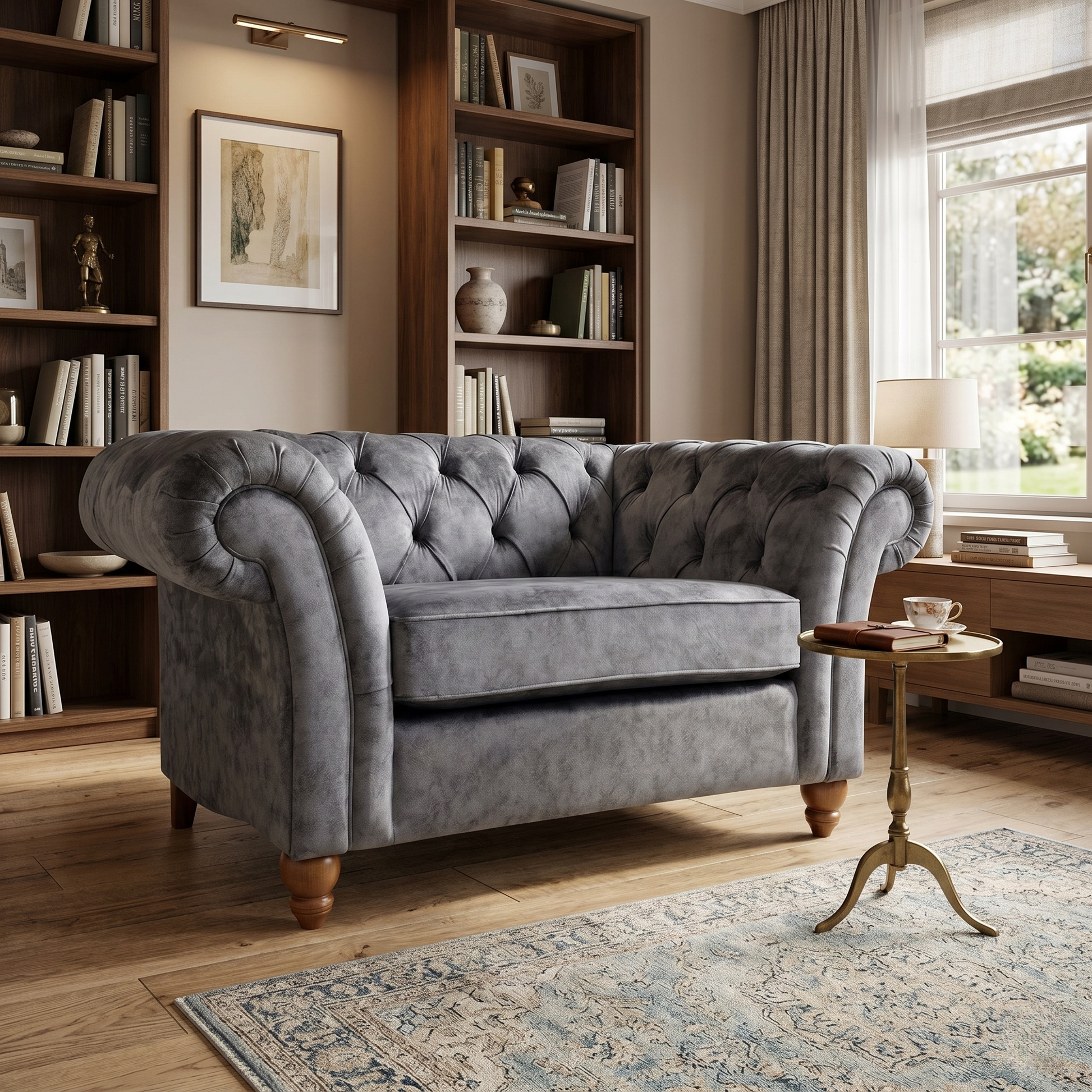 Living room view for the Gosford Charcoal Velvet Snuggler, highlighting the soft-touch velvet upholstery and traditional design by NEXT.