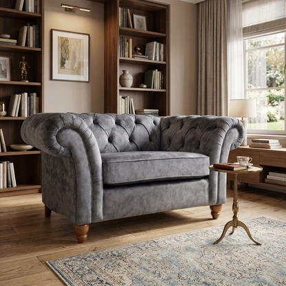 Living room view for the Gosford Charcoal Velvet Snuggler, highlighting the soft-touch velvet upholstery and traditional design by NEXT.