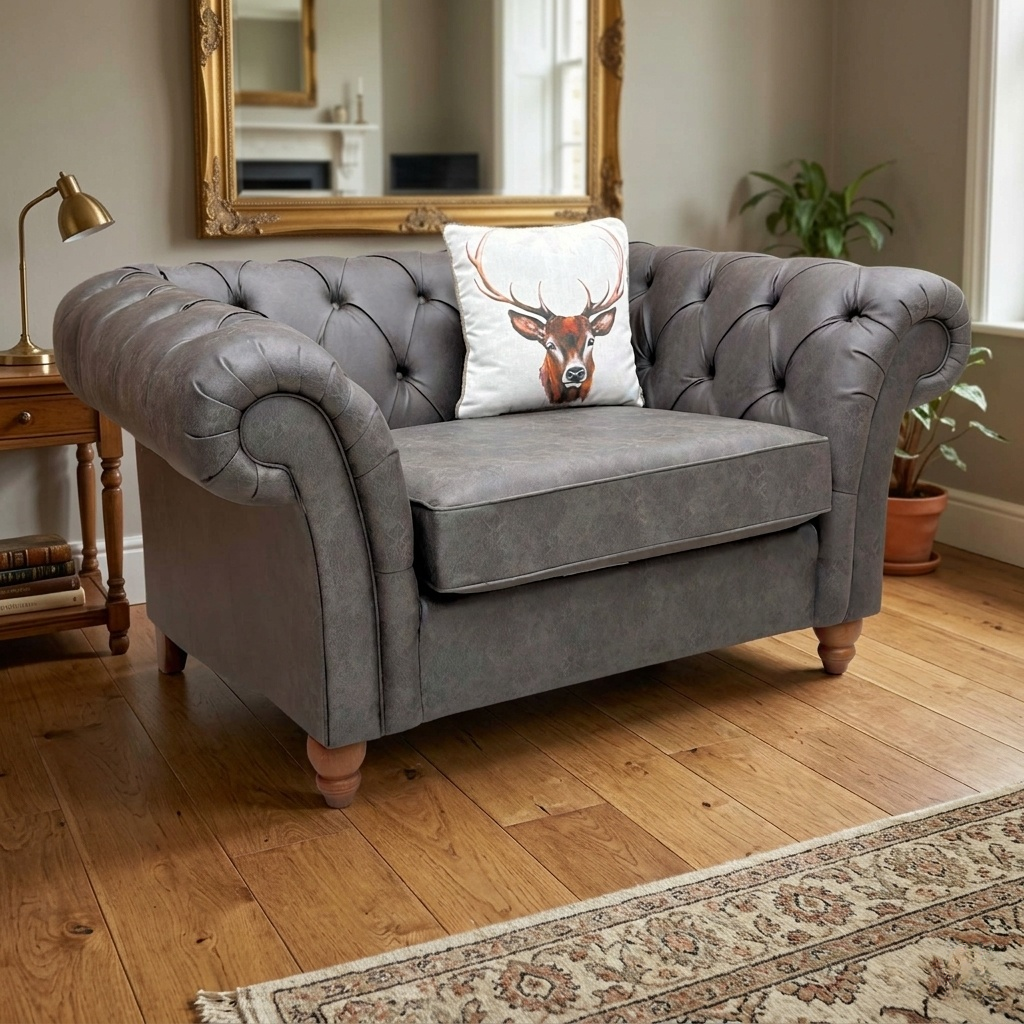 Living room for the Gosford snuggler, highlighting the premium charcoal leather upholstery, spacious 1.5-seater design, and elegant turned wood legs.