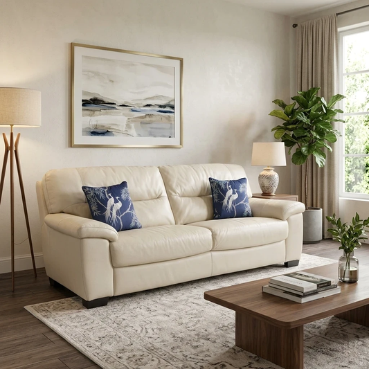 Living room view for the Hetty 3-seater sofa, highlighting the NC-862C Bisque leather upholstery and structured formal back support.
