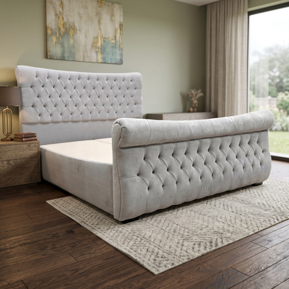 Bedroom view for the Lance ottoman bed, highlighting the right-hand side lift mechanism and the high-capacity under-bed storage.