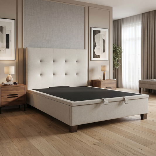 Bedroom view or the Hadley ottoman bed, highlighting the gas-lift hydraulic system and the expansive under-bed storage capacity.