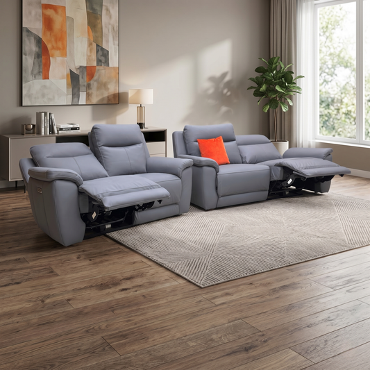 ‘Bobby' Navy Blue Full Leather 3 + 2 Seater Power Recliner Sofa Set