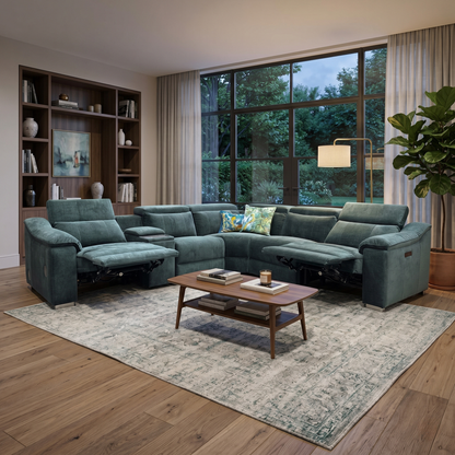 Living room view for the Geneva Corner Sofa, highlighting the power recline motors, wireless speakers, and integrated cup holders.