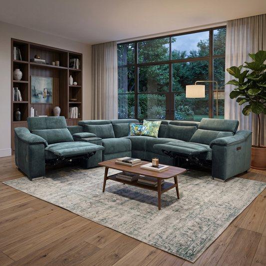 ‘Geneva’ Forest Green Linen Fabric Large Power Recliner Corner Sofa with Power Headrests, Cup Holders, Bluetooth Speakers and Media Console