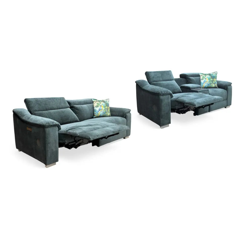 ‘Geneva' Forest Green Fabric 3 + 2 Seater Power Recliner Sofa Set with Power Headrests and Bluetooth Speakers Thornbrook (a Joseph James brand)