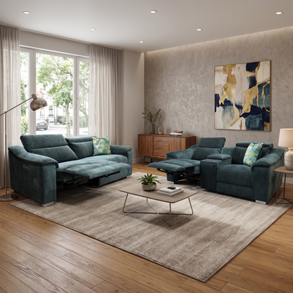 ‘Geneva' Forest Green Fabric 3 + 2 Seater Power Recliner Sofa Set with Power Headrests and Bluetooth Speakers