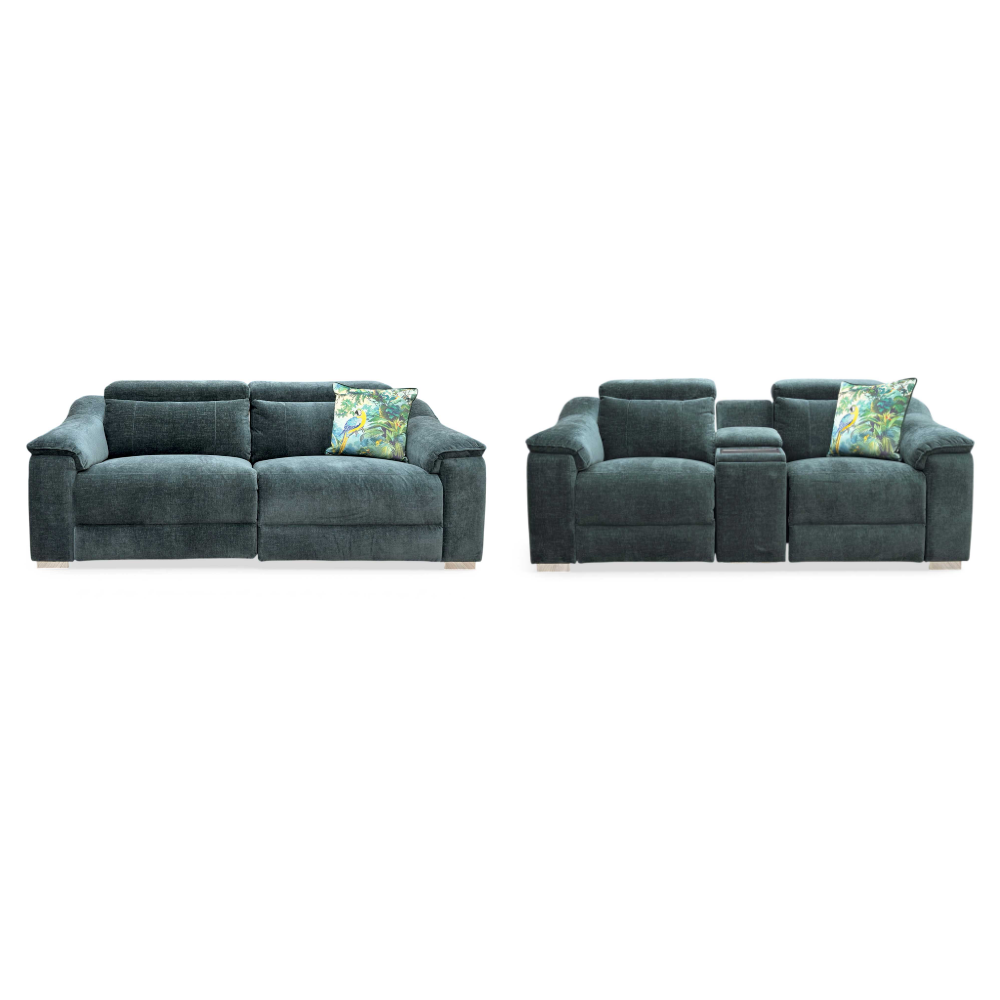 ‘Geneva' Forest Green Fabric 3 + 2 Seater Power Recliner Sofa Set with Power Headrests and Bluetooth Speakers