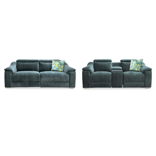 ‘Geneva' Forest Green Fabric 3 + 2 Seater Power Recliner Sofa Set with Power Headrests and Bluetooth Speakers