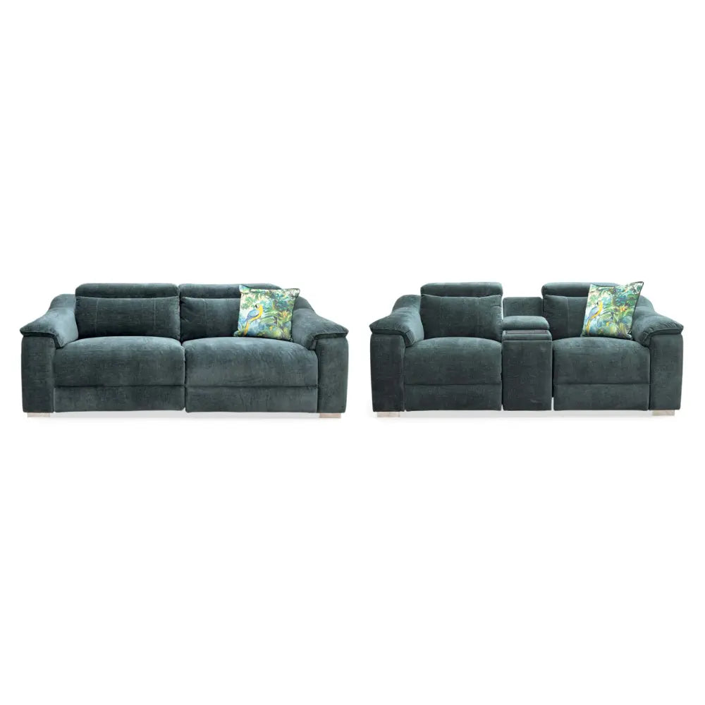 ‘Geneva' Forest Green Fabric 3 + 2 Seater Power Recliner Sofa Set with Power Headrests and Bluetooth Speakers Thornbrook (a Joseph James brand)