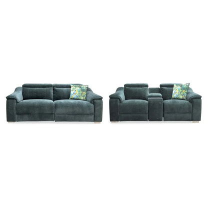 ‘Geneva' Forest Green Fabric 3 + 2 Seater Power Recliner Sofa Set with Power Headrests and Bluetooth Speakers Thornbrook (a Joseph James brand)