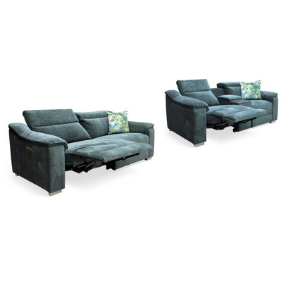 ‘Geneva' Forest Green Fabric 3 + 2 Seater Power Recliner Sofa Set with Power Headrests and Bluetooth Speakers