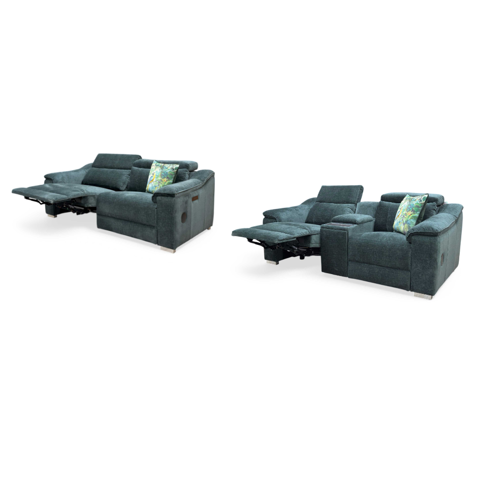 ‘Geneva' Forest Green Fabric 3 + 2 Seater Power Recliner Sofa Set with Power Headrests and Bluetooth Speakers