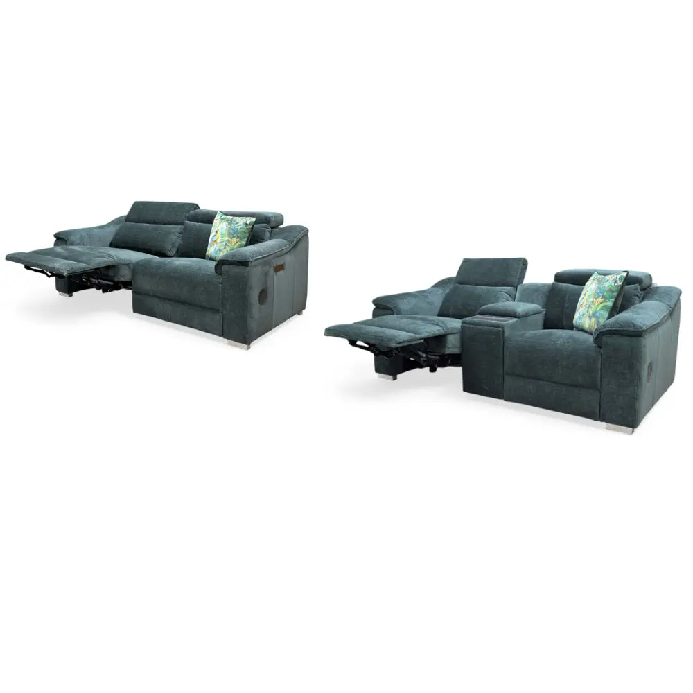 ‘Geneva' Forest Green Fabric 3 + 2 Seater Power Recliner Sofa Set with Power Headrests and Bluetooth Speakers Thornbrook (a Joseph James brand)