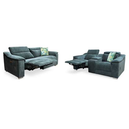 ‘Geneva' Forest Green Fabric 3 + 2 Seater Power Recliner Sofa Set with Power Headrests and Bluetooth Speakers