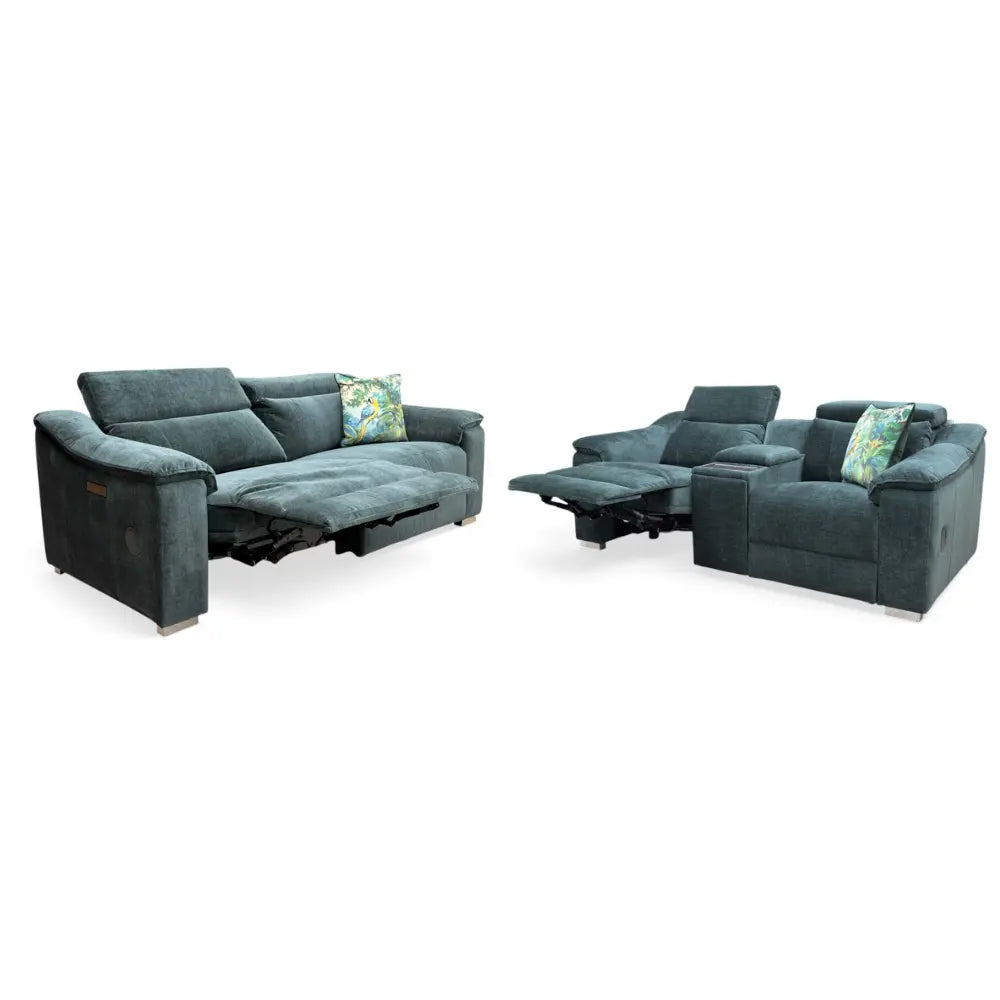 ‘Geneva' Forest Green Fabric 3 + 2 Seater Power Recliner Sofa Set with Power Headrests and Bluetooth Speakers Thornbrook (a Joseph James brand)