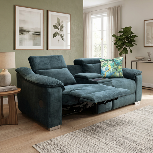 'Geneva' Forest Green Linen Fabric 2 Seater Media Power Recliner Sofa with Power Headrests, Cup Holders and Media Console