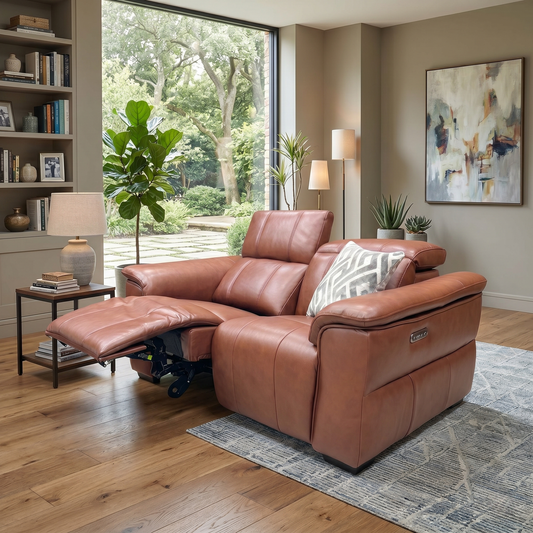‘Inca’ Cat-60_07 Butterscotch Brown Leather 2 Seater Power Recliner Sofa with Power Headrests