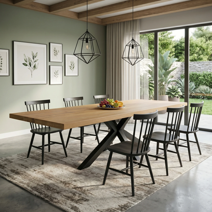 Bodahl 'Terra' 1 Oil Solid Oak 300cm Straight Edge Dining Table with Star Base, styled in a lifestyle room setting