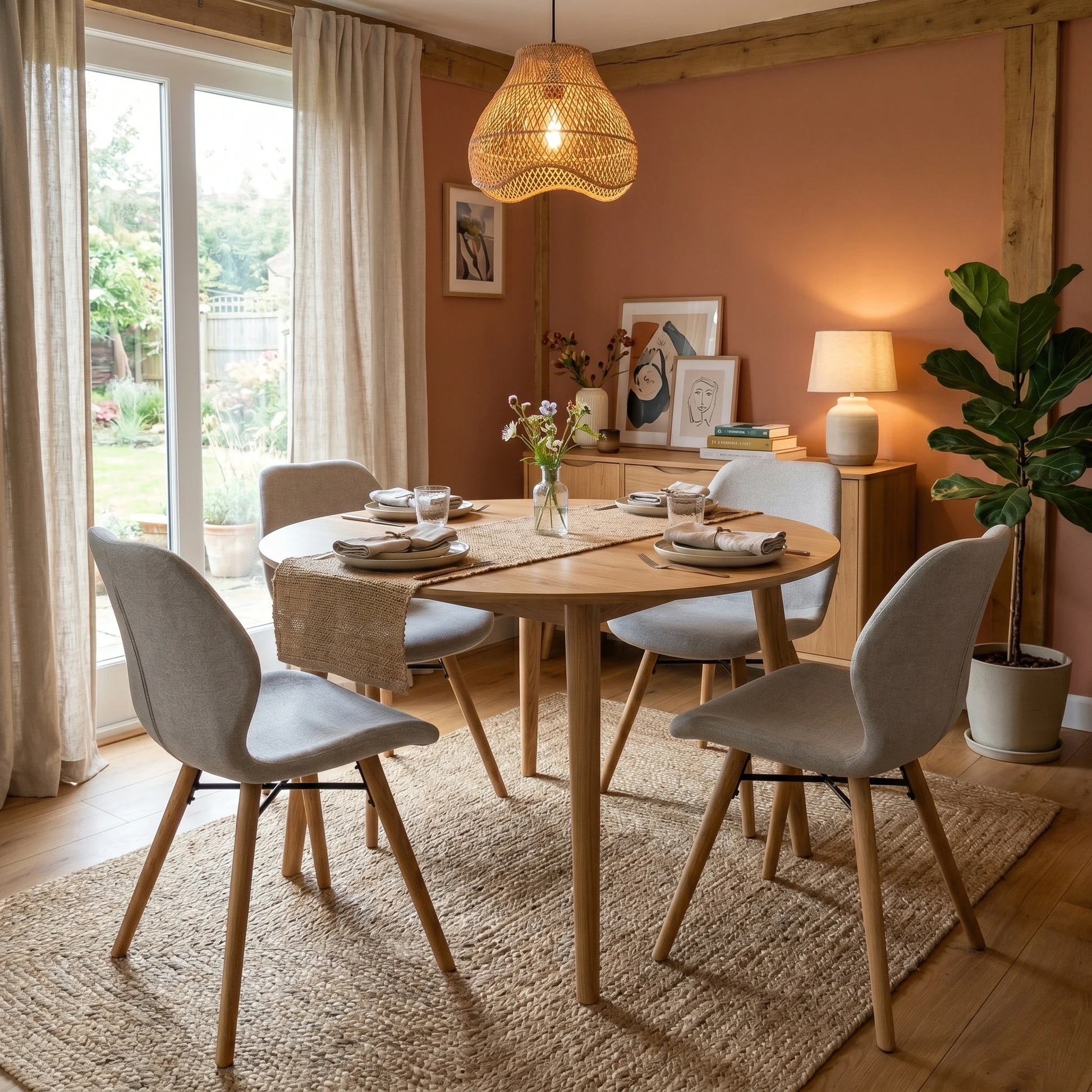 Dining room view the ‘Stockholm’ set of 4 upholstered dining chairs, showcasing the contemporary silhouette and designer style.