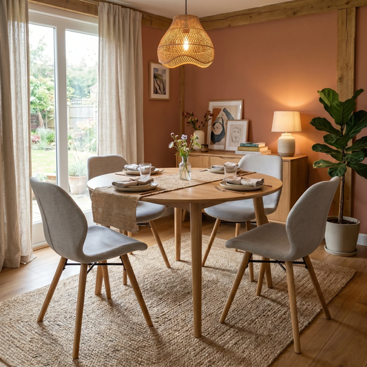 Dining room view the ‘Stockholm’ set of 4 upholstered dining chairs, showcasing the contemporary silhouette and designer style.