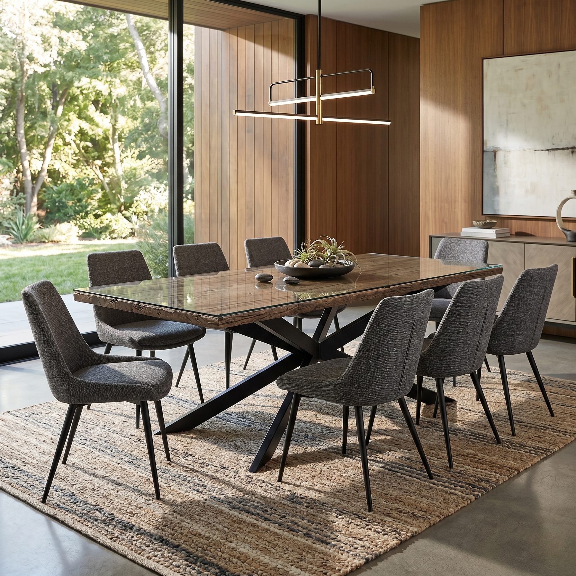 Dining room view for the Kiara large wooden dining table, highlighting the spacious rectangular tabletop, durable finish, and contemporary silhouette.