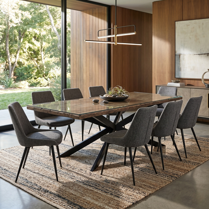 Dining room view for the Kiara large wooden dining table, highlighting the spacious rectangular tabletop, durable finish, and contemporary silhouette.
