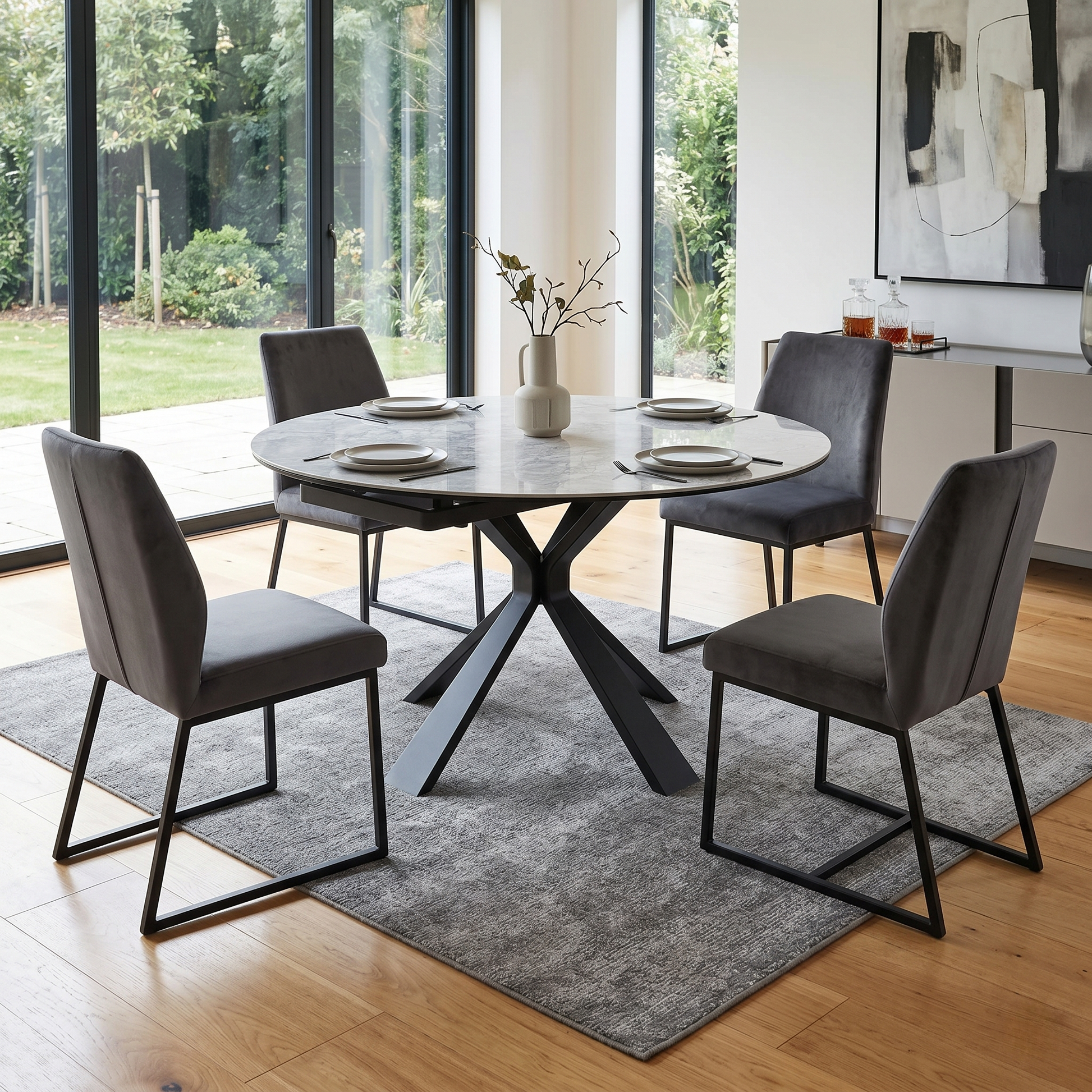 Dining room view for the Crete extending dining table, highlighting the heat-resistant ceramic surface, smooth swivel extension mechanism, and industrial-modern design.