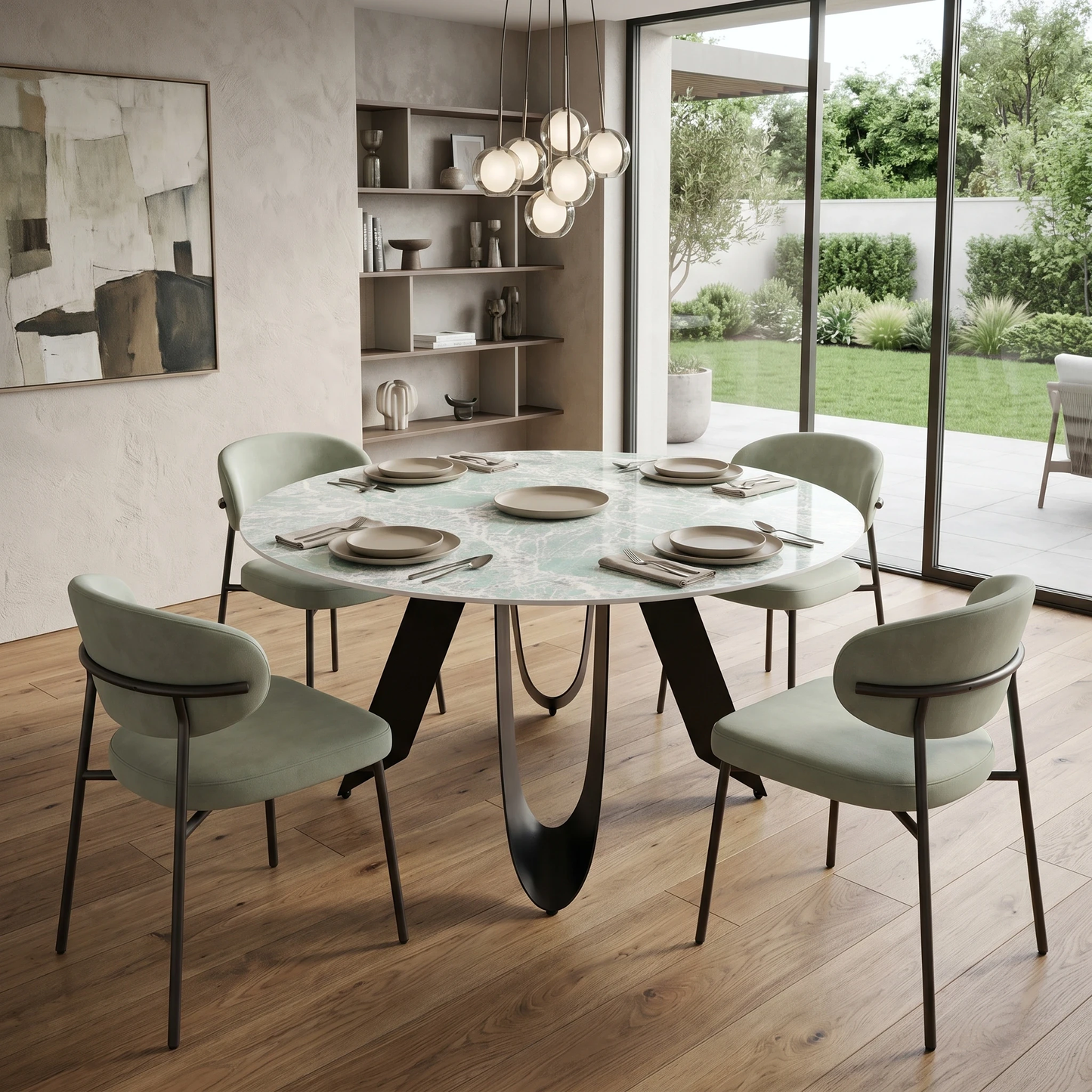 ‘Minnesota’ Green Ceramic Top 135cm Round Dining Table, styled in a lifestyle room setting