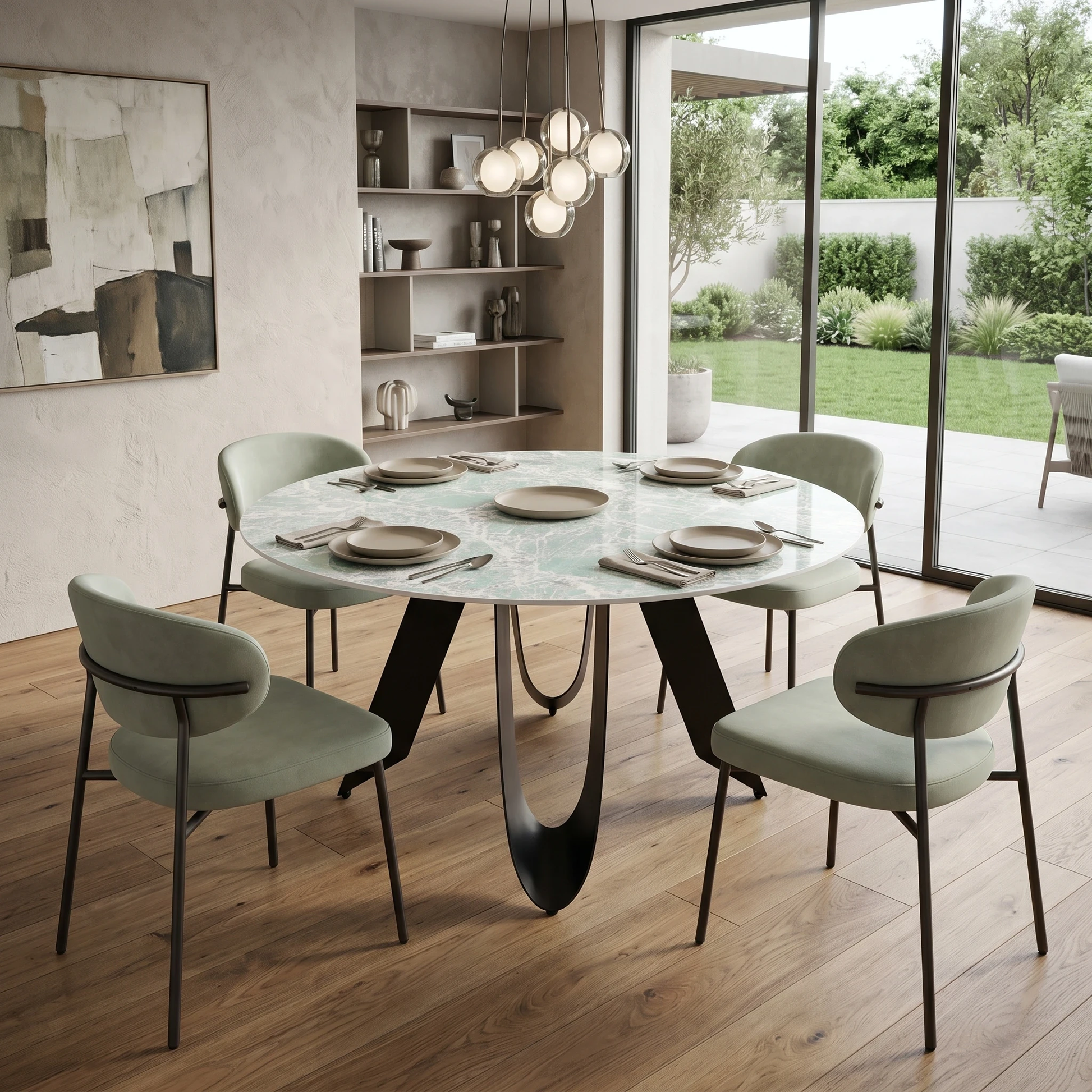 ‘Minnesota’ Green Ceramic Top 135cm Round Dining Table, styled in a lifestyle room setting