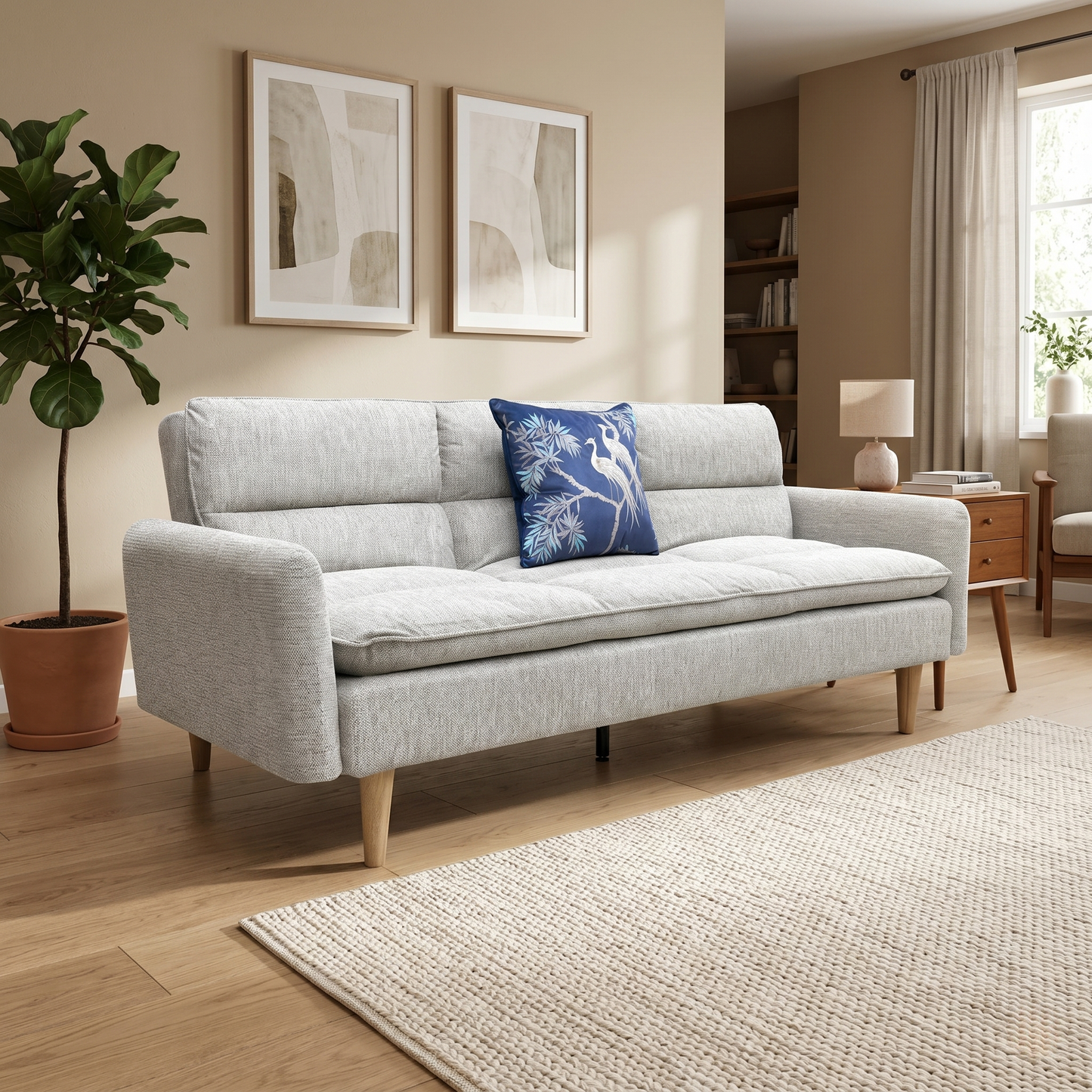 Living room view for the Chill sofa bed, highlighting the versatile natural-toned upholstery, easy-to-operate click-clack mechanism, and space-saving silhouette.