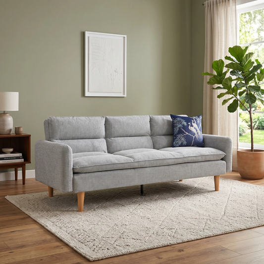 Living room view of the Chill Light Grey sofa bed, showing the modern silhouette and comfortable foam-padded seating surface.