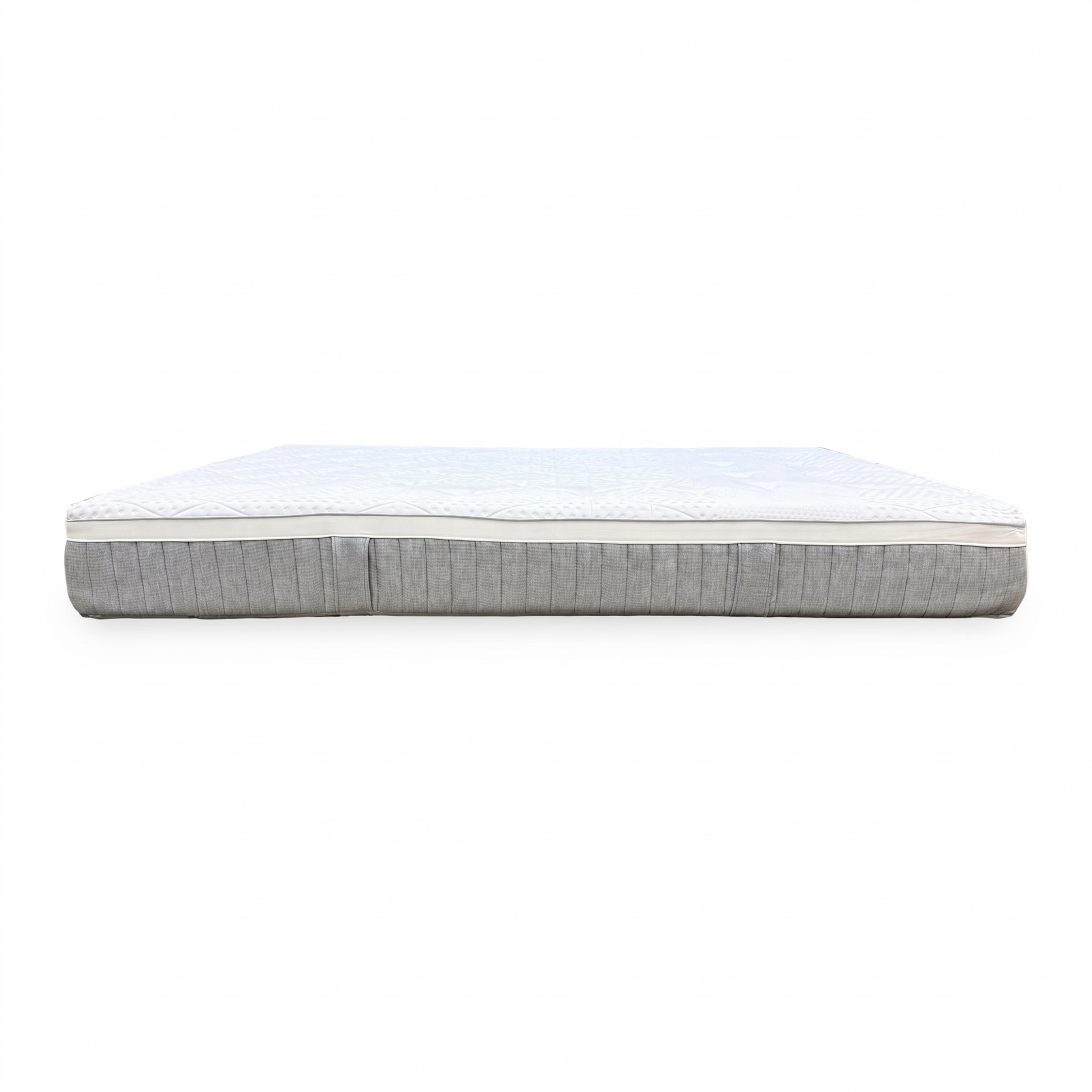 Side perspective profile view of the mattress edge, demonstrating the integrated airflow border panel and heavy-duty seams engineered for edge-to-edge structural integrity.