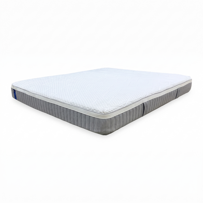 Full View ‘Emma Smart Hybrid Deluxe’ Super King size mattress, showcasing a modern breathable quilted sleep surface with a contrasting grey fabric base profile.
