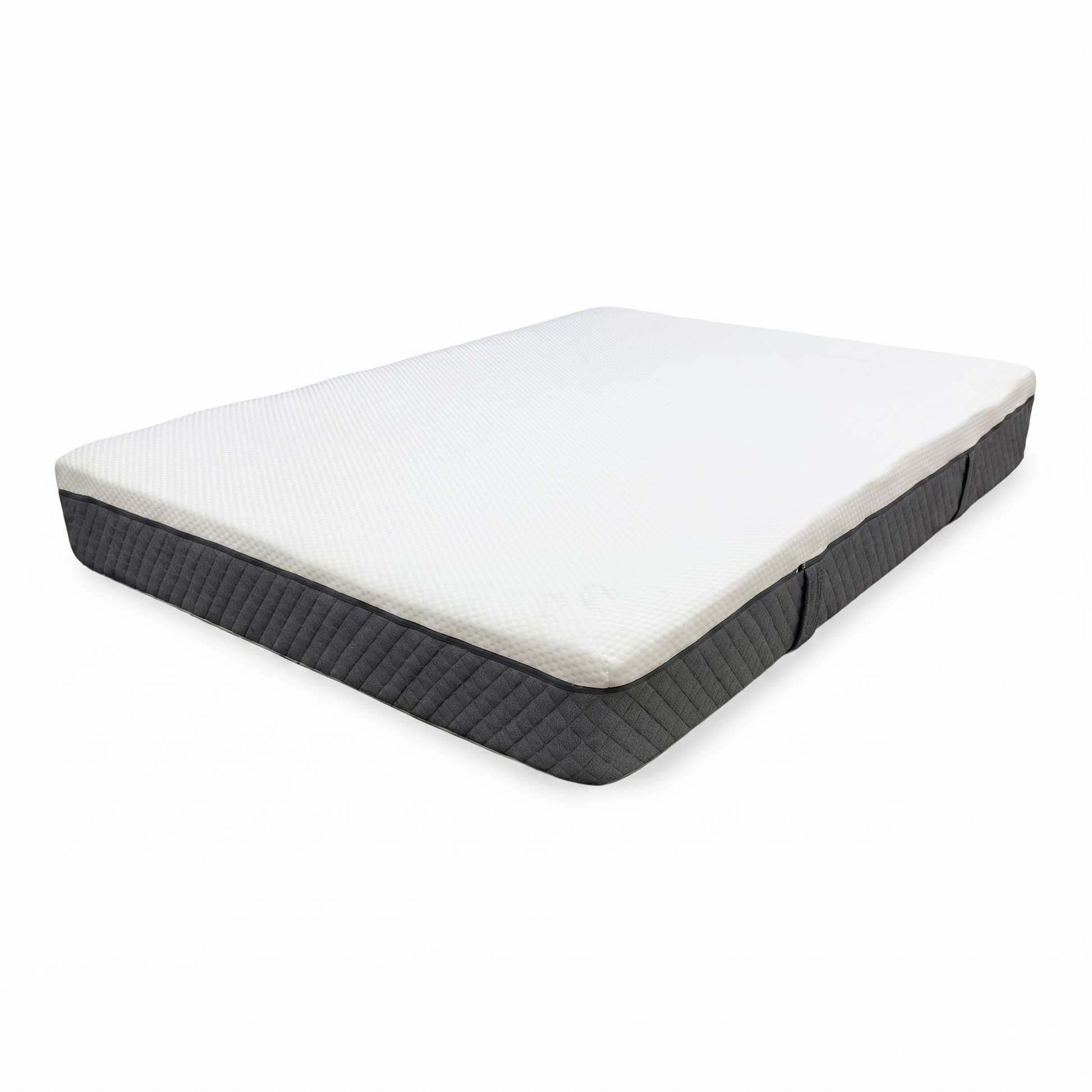 Full View ‘Emma Original’ hypoallergenic spring-free foam King size mattress, showcasing its signature pristine white breathable top cover and clean tailored grey fabric base profile.