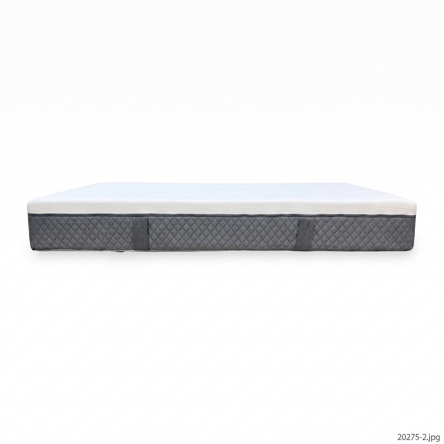 Side perspective profile view of the mattress edge, highlighting the contrasting grey border panel and the heavy-duty X-shaped reinforcement stitching engineered for shape retention.