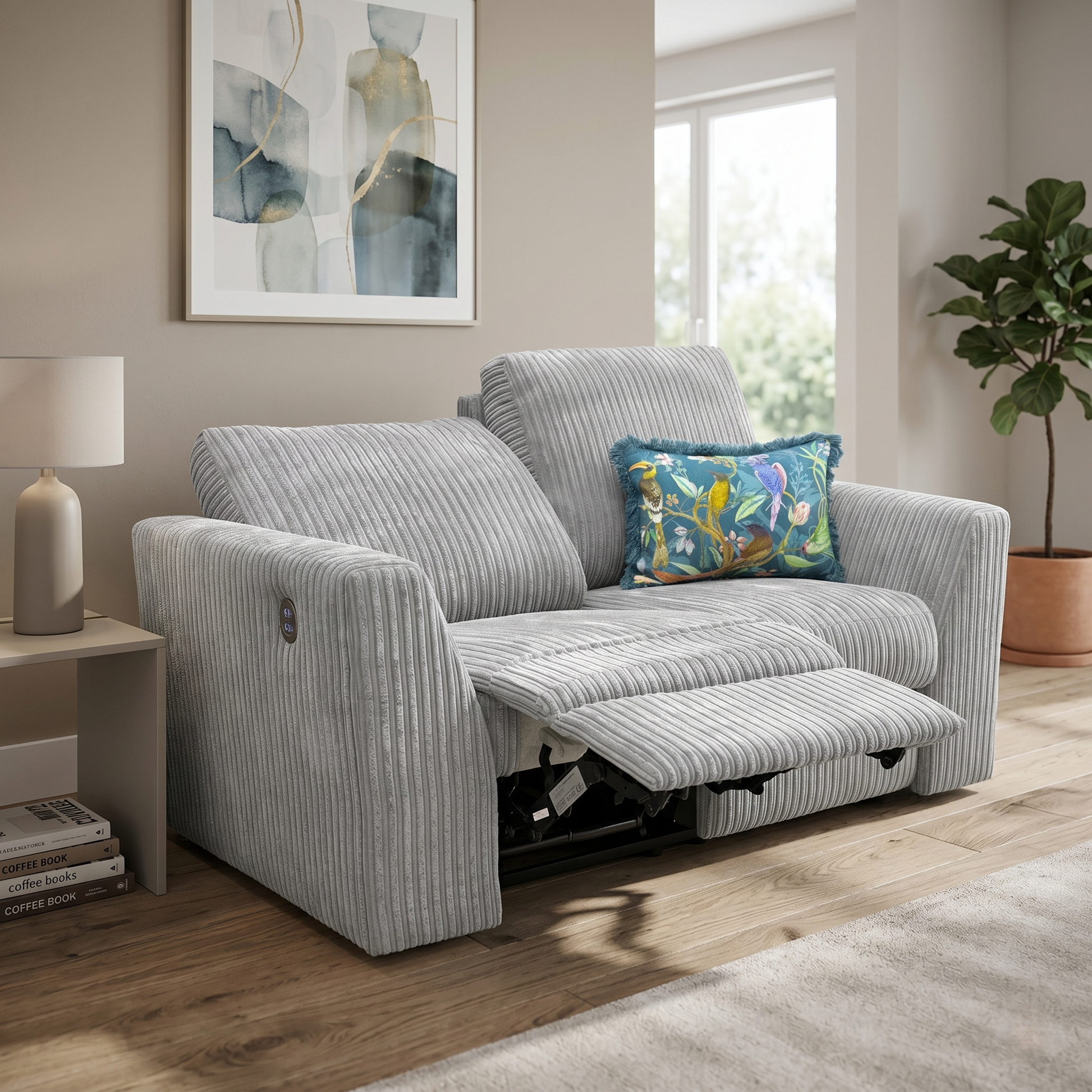 Living Room view of the Heydon 2-seater sofa, highlighting the split backrest cushioning, plush armrests, and clean modern lines.