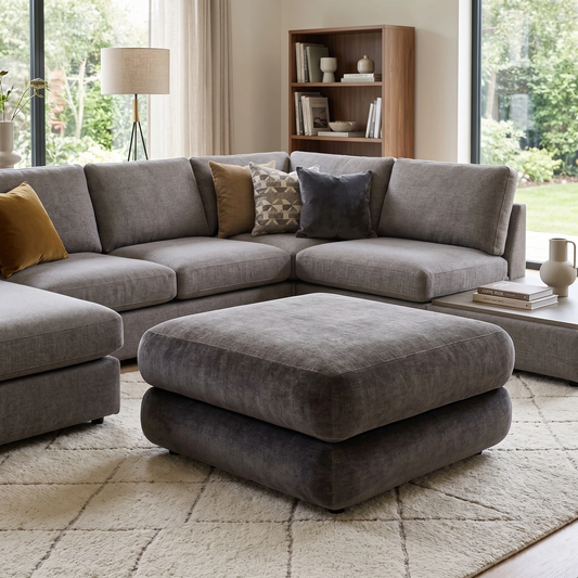 Living Room DFS ‘Kalista’ large square footstool upholstered in premium Neath chocolate brown Lizzaro chenille fabric, displaying its spacious low-profile design.