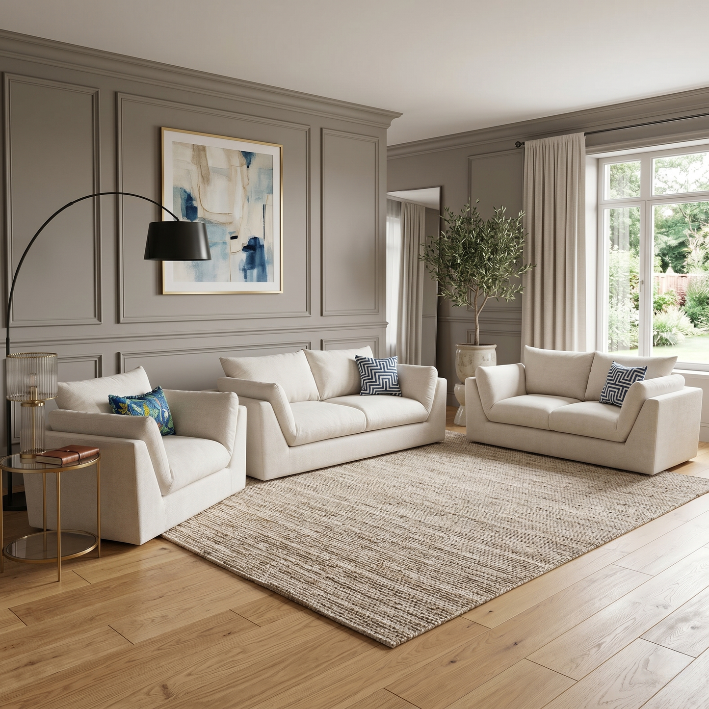 ‘Kalista’ Cream Palmero Plain Velvet 3 + 2 Seater Sofa with Cuddler Set