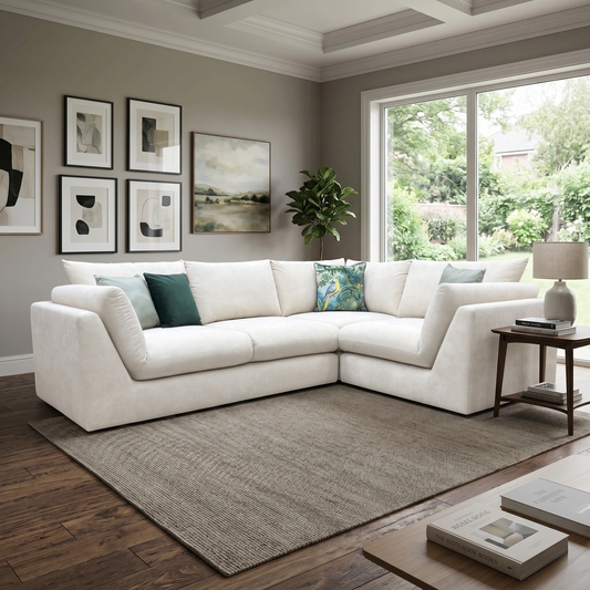 Living Room of the cream velvet corner sectional, showcasing the deep-seated configuration, thick luxury seat cushions, and neat structural profiling.