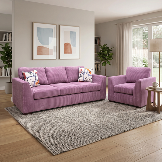 ‘Heydon’ Lilac Purple Marley Jumbo Cord 4 Seater Split Frame Sofa + Armchair