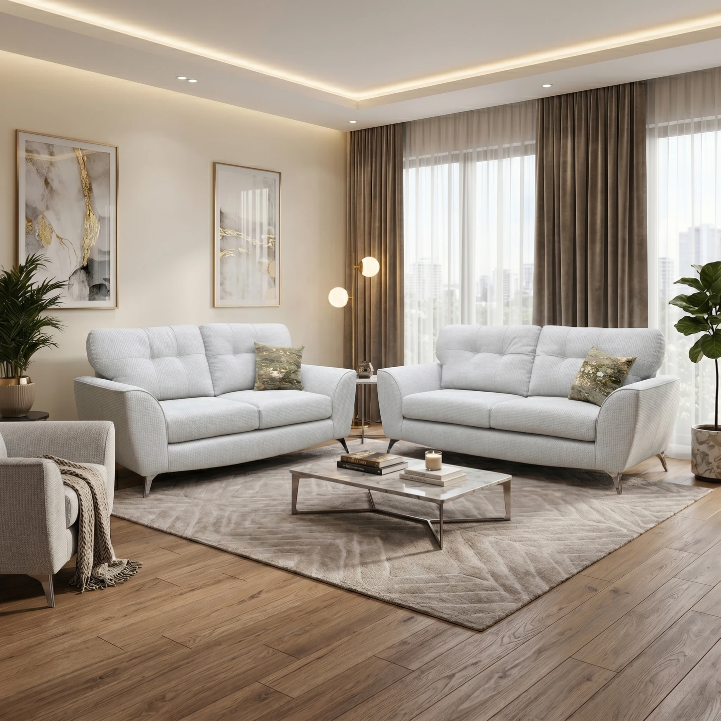 Living Room DFS ‘Dawson’ 2-piece lounge suite, featuring a matching 3-seater and 2-seater sofa set upholstered in a durable silver plain woven fabric.