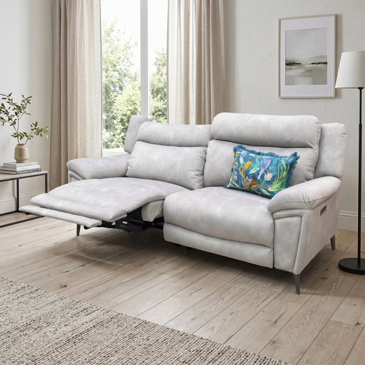 Living room view for the Panache 3-seater power recliner sofa, highlighting the premium Dexter Stone fabric, dual motorized reclining seats, and adjustable power headrests.