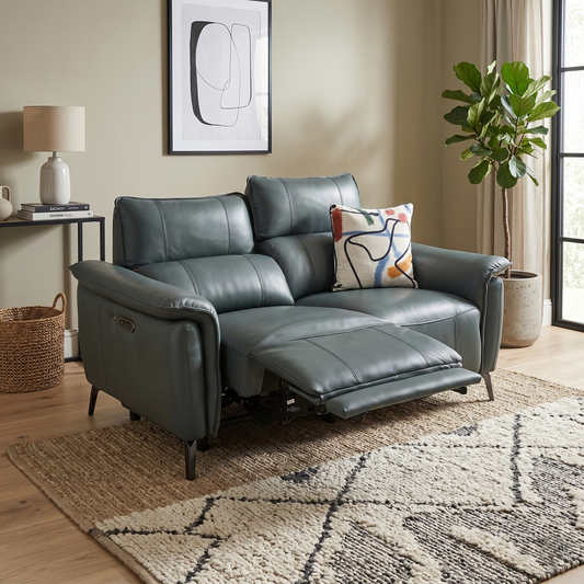 Living room view for the Jude 3-seater power recliner sofa, highlighting premium Category 40 leather, integrated power headrests, power lumbar support, and built-in heated seats.
